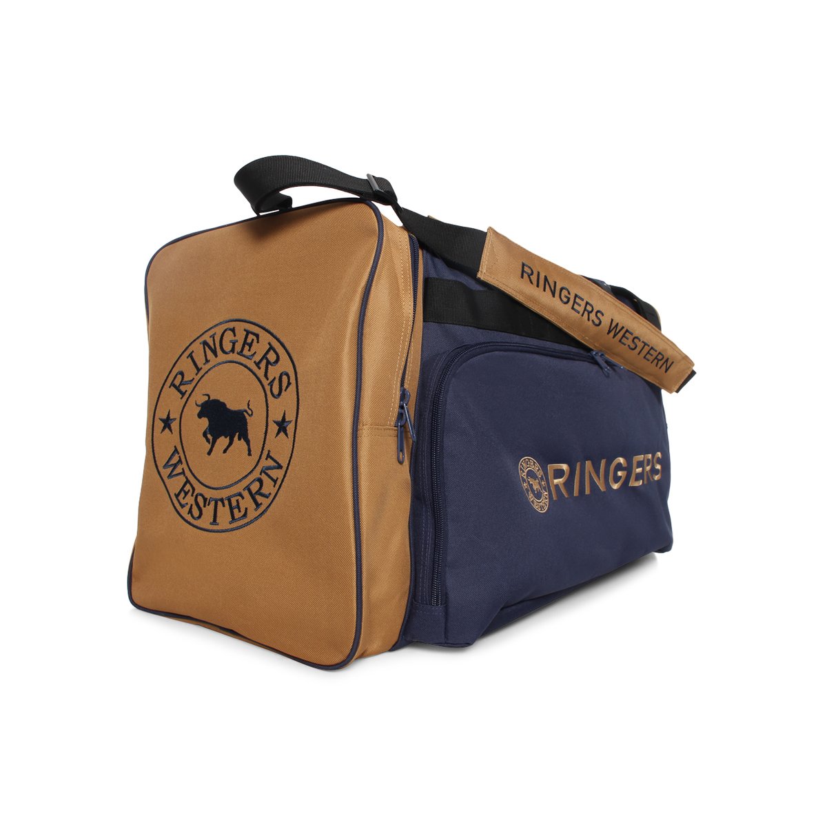 The Ringers Western Coolabah Sports Bag is a spacious duffle featuring a navy blue body and a brown front pocket adorned with a black bull and the words "Ringers Western" in a circular design. It offers multiple large zippered compartments for ample storage, and the brown shoulder strap is also branded with "Ringers Western.