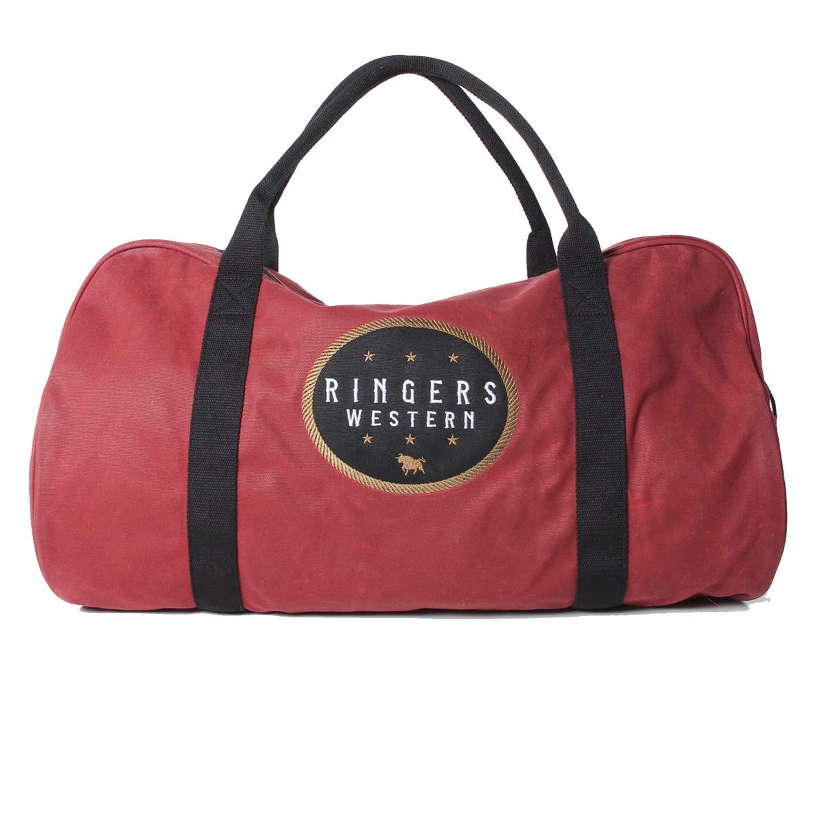 The Ringers Western Dusty Duffle Bag is a large, heavy-duty waxed canvas red duffel with black handles and straps. It features a circular black and gold logo on the front that reads "RINGERS WESTERN," with a star and bull design in the center.