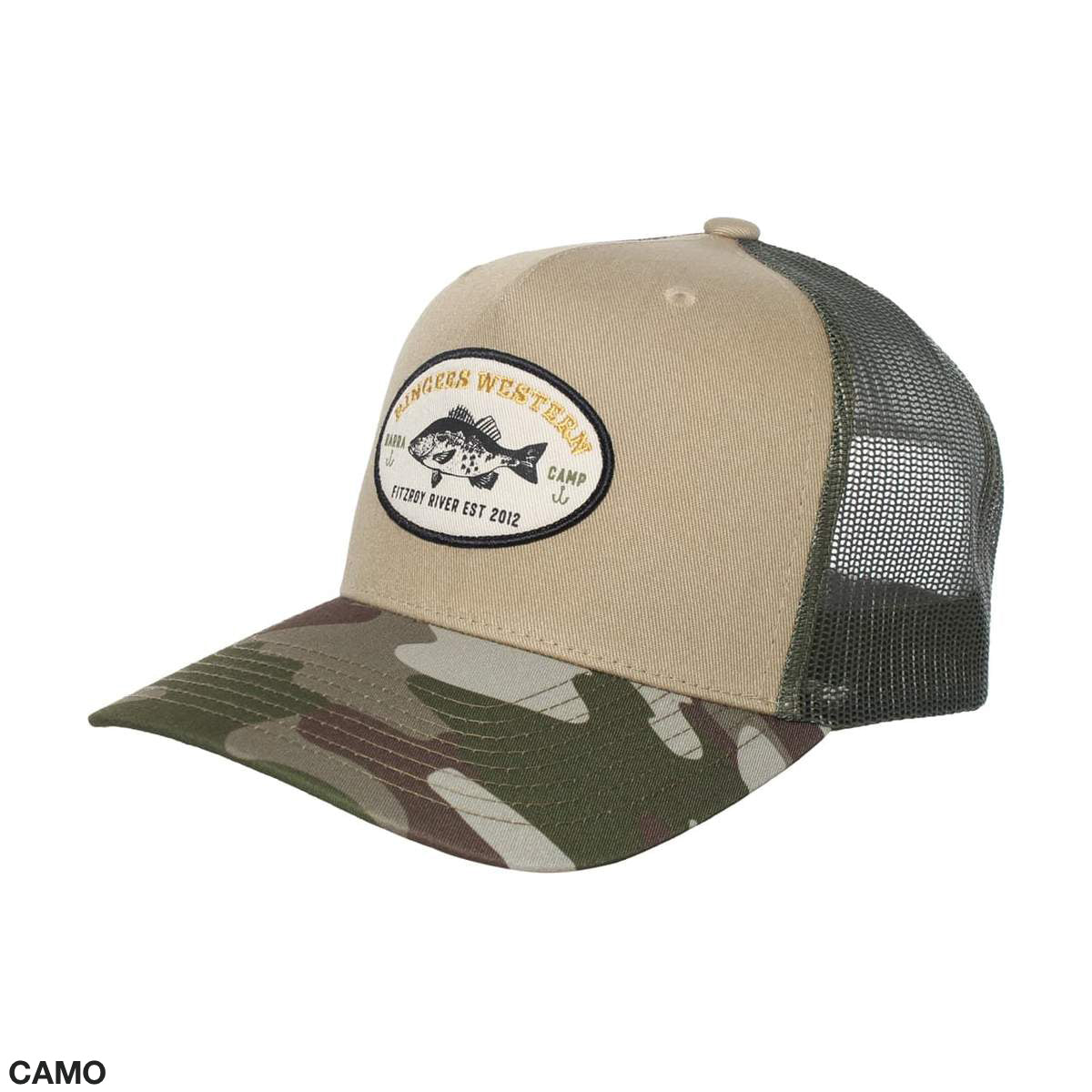 Introducing the Ringers Western Barra Camp Trucker Cap: a camouflage cap with a beige front panel and embroidered patch featuring a fish and the text "Rivers Western" and "Est 2012." It includes an adjustable strap, green mesh back, and camo brim.