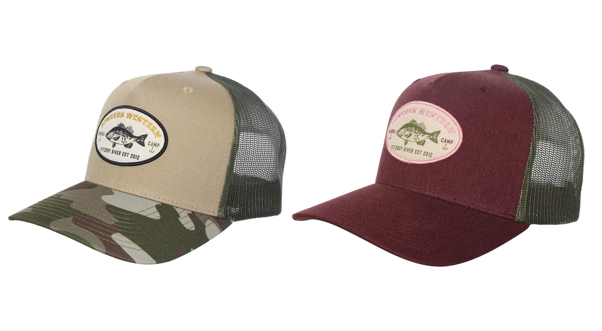 Two mesh-backed baseball caps are perfect for adventures. The tan Ringers Western cap has a camo brim and outdoor-themed patch, while the burgundy cap features a solid brim and adjustable strap. Both patches say "Outdoor Western Camp," like the iconic Barra Camp Trucker Cap.
