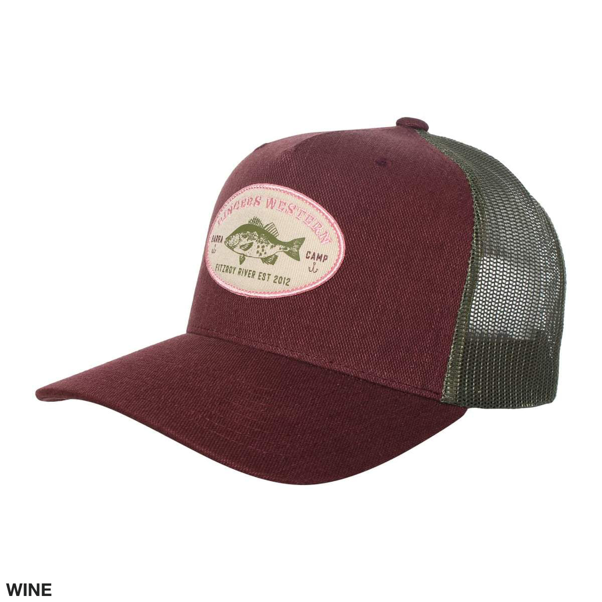 The Ringers Western Barra Camp Trucker Cap has a maroon and green design with a mesh back, an oval patch featuring an embroidered fish and "Western Est 2012", and an adjustable strap, all shown on a white background.