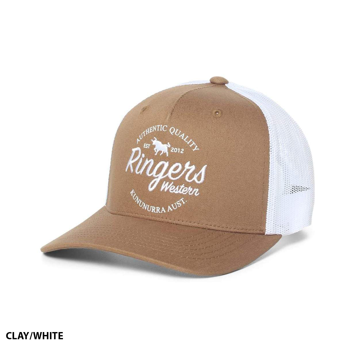 The Ringers Western Boundary Trucker Cap showcases a two-tone design, combining a clay-colored front panel with a white mesh back. The front features the text "Authentic Quality Est 2012 Ringers Western Kununurra Aust." along with a small bull graphic.