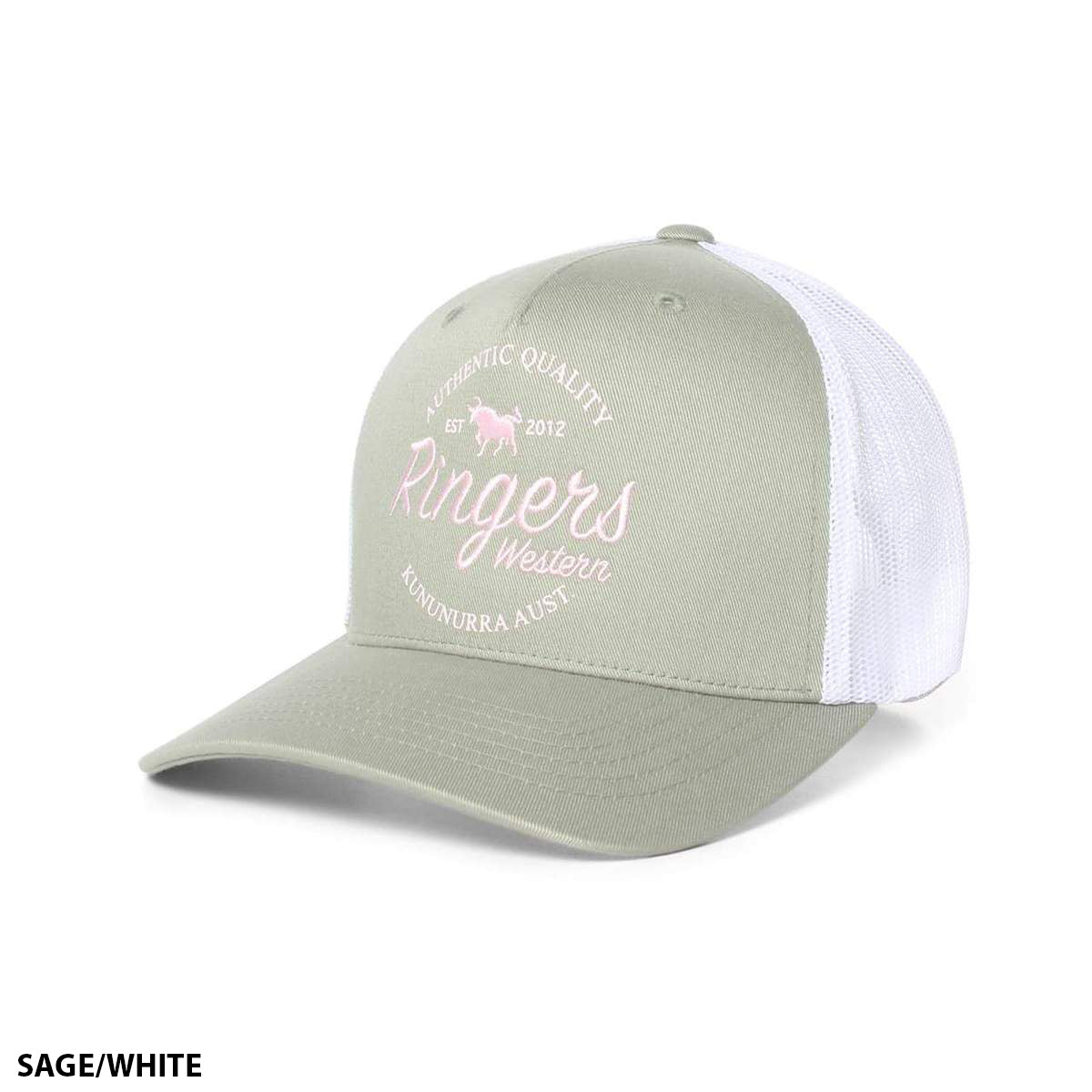 The Ringers Western Boundary Trucker Cap showcases a sage green front panel detailed with white and pink embroidery that reads "Authentic Quality," "Ringers Western," "Est 2012," and "Kununurra Aust." The cap also features a breathable white mesh back, effortlessly combining style and comfort.