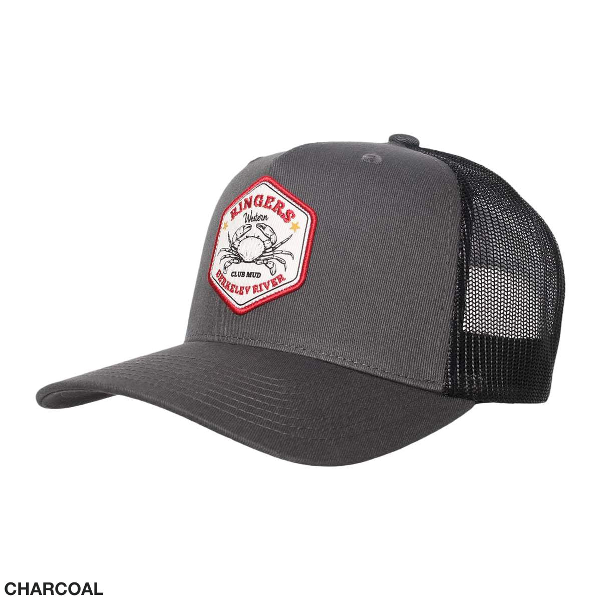 The Ringers Western Club Mud Trucker Cap is a charcoal-colored hat featuring a solid front and a breathable black mesh back. It has a patch on the front that reads "Zingers" with crossed fishing rods over a fish graphic. The cap offers a curved brim and an adjustable strap closure to ensure the perfect fit.