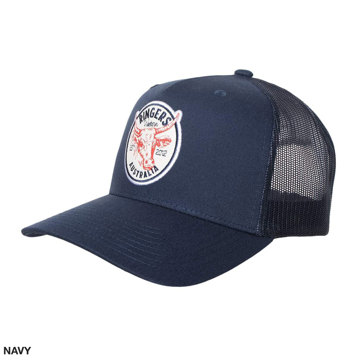 The Ringers Western Scrubba Trucker Cap in navy features a white front panel adorned with a red graphic of a bull's head and the text "Ringers Western" and "Australia" arranged in a circular design. The back of the cap is crafted from black mesh material and includes an adjustable strap for the perfect fit.