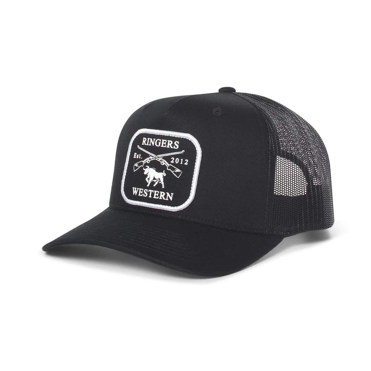 The Ringers Western Shotgun Trucker Cap is a black cap featuring a white patch on the front with a design that includes the text "Ringers Western Est. 2012" and an illustration of a bull with crossed guns. The cap has a black mesh back and an adjustable strap for the perfect fit.