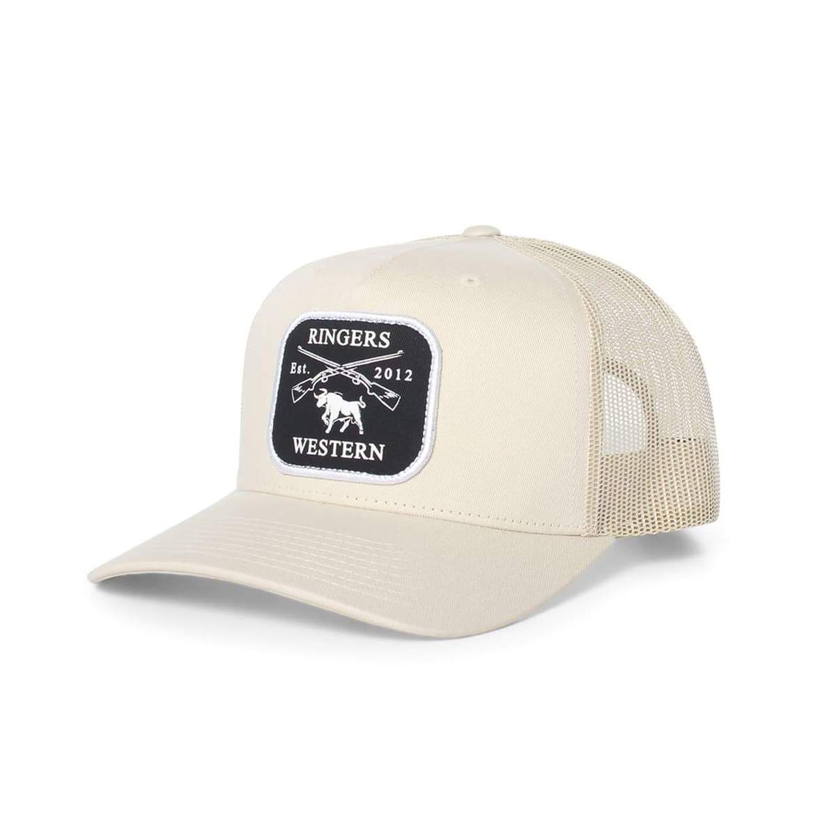 Introducing the Ringers Western Shotgun Trucker Cap in beige, featuring a curved bill. The front panel displays a stylish black patch with white text that reads "Ringers Western Est. 2012" next to an image of a bull. For optimal ventilation, the back panels are made of mesh and it includes an adjustable strap to ensure a perfect fit.