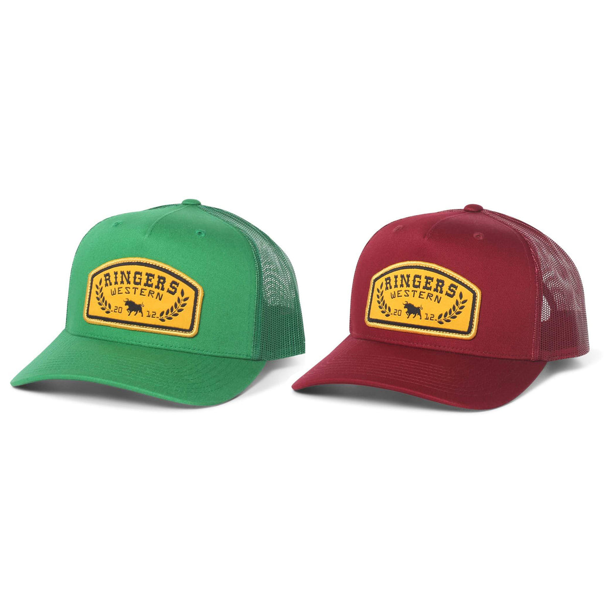 Two Ringers Western Wheatbelt Trucker caps—one green, one maroon—each with a yellow "Ringers Western" patch, mesh back, curved brim, and adjustable snapback closure for the perfect fit.