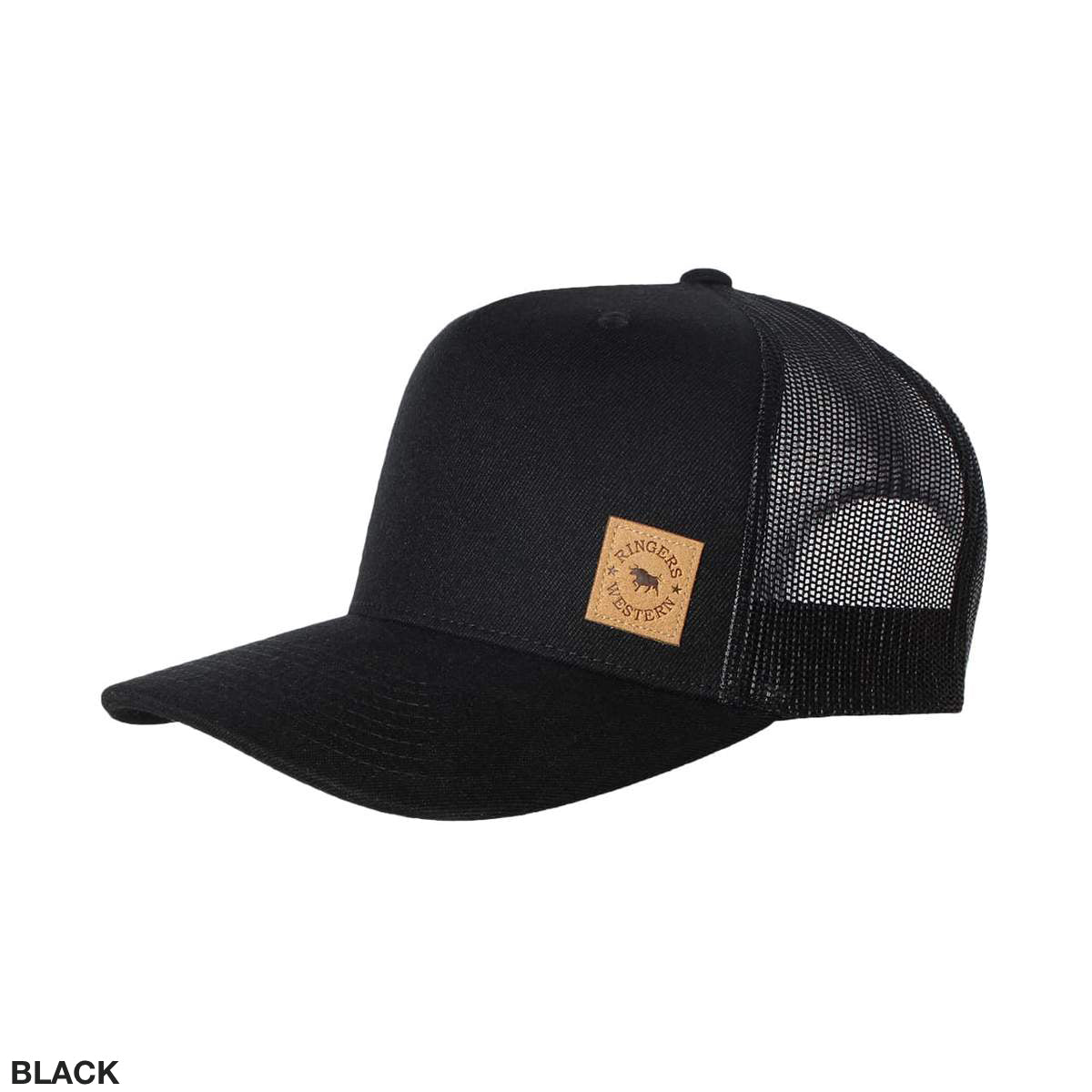 The Ringers Western Patch Trucker Cap is a black hat with a mesh back, featuring a brown leather patch on the front that displays the text "Freedom Foster" alongside a circular design. This cap includes an adjustable strap and a curved bill, and is showcased on a plain white background.