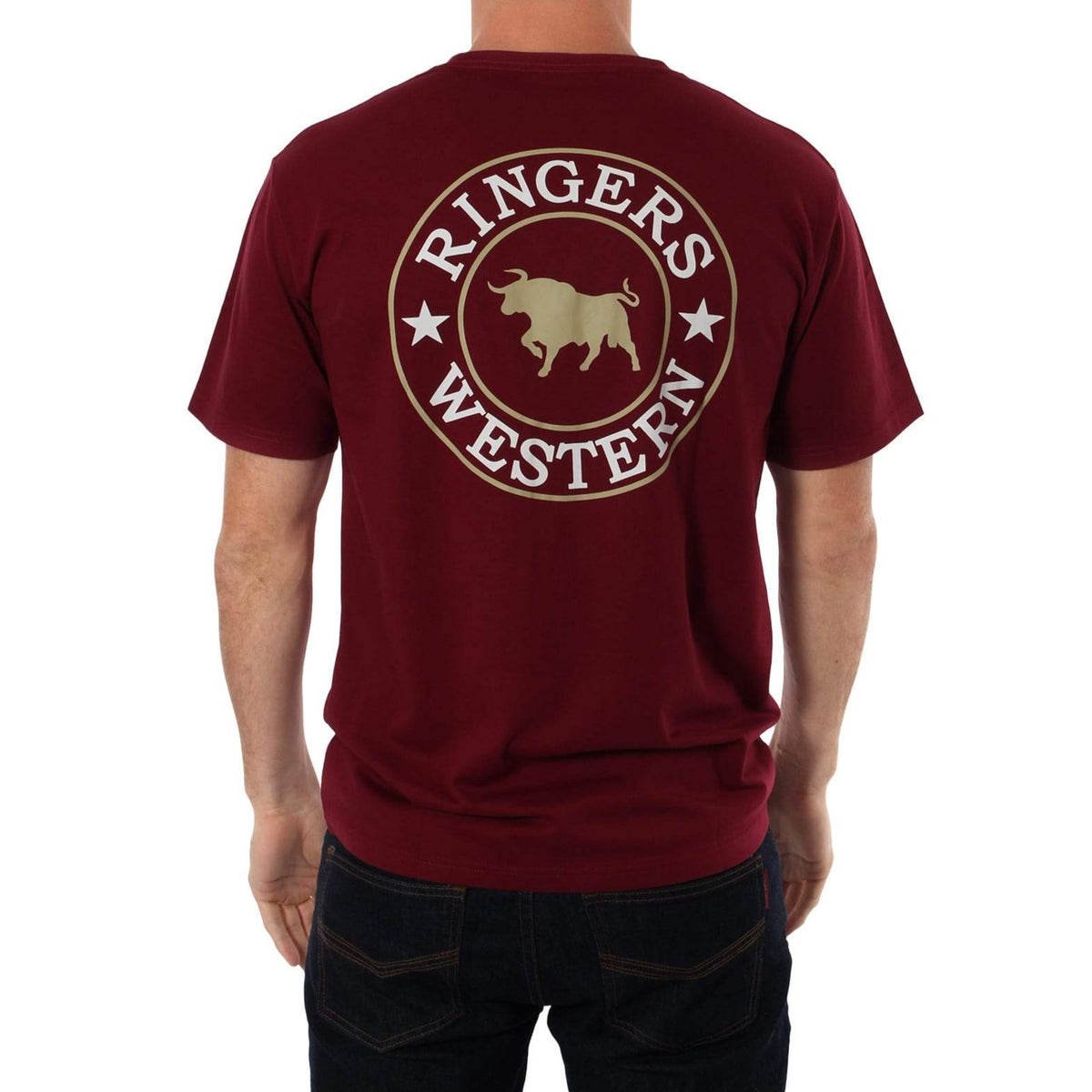A man is standing facing away from the camera, wearing a maroon "Ringers Western Signature Bull Classic T-Shirt." The shirt features a circular logo with a bull and stars on the back.