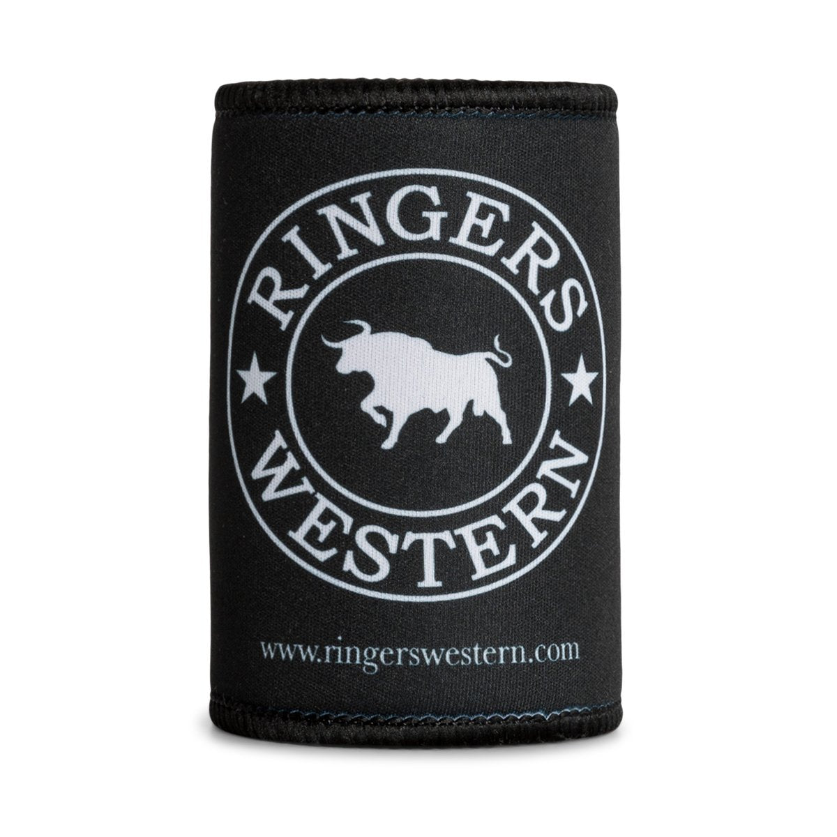The Ringers Western Signature Bull Stubby features a sleek black design with the iconic logo in white. A bull silhouette within a circular emblem is flanked by stars, surrounded by the text "Ringers Western," and the website "www.ringerswestern.com" is at the bottom.