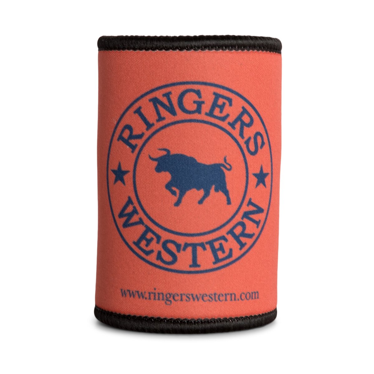 A red Ringers Western Signature Bull Stubby Cooler with the "Ringers Western" logo prominently displayed in blue. The logo features a central bull, encircled by the brand name "Ringers Western" and two stars on either side, with the website "www.ringerswestern.com" printed below.