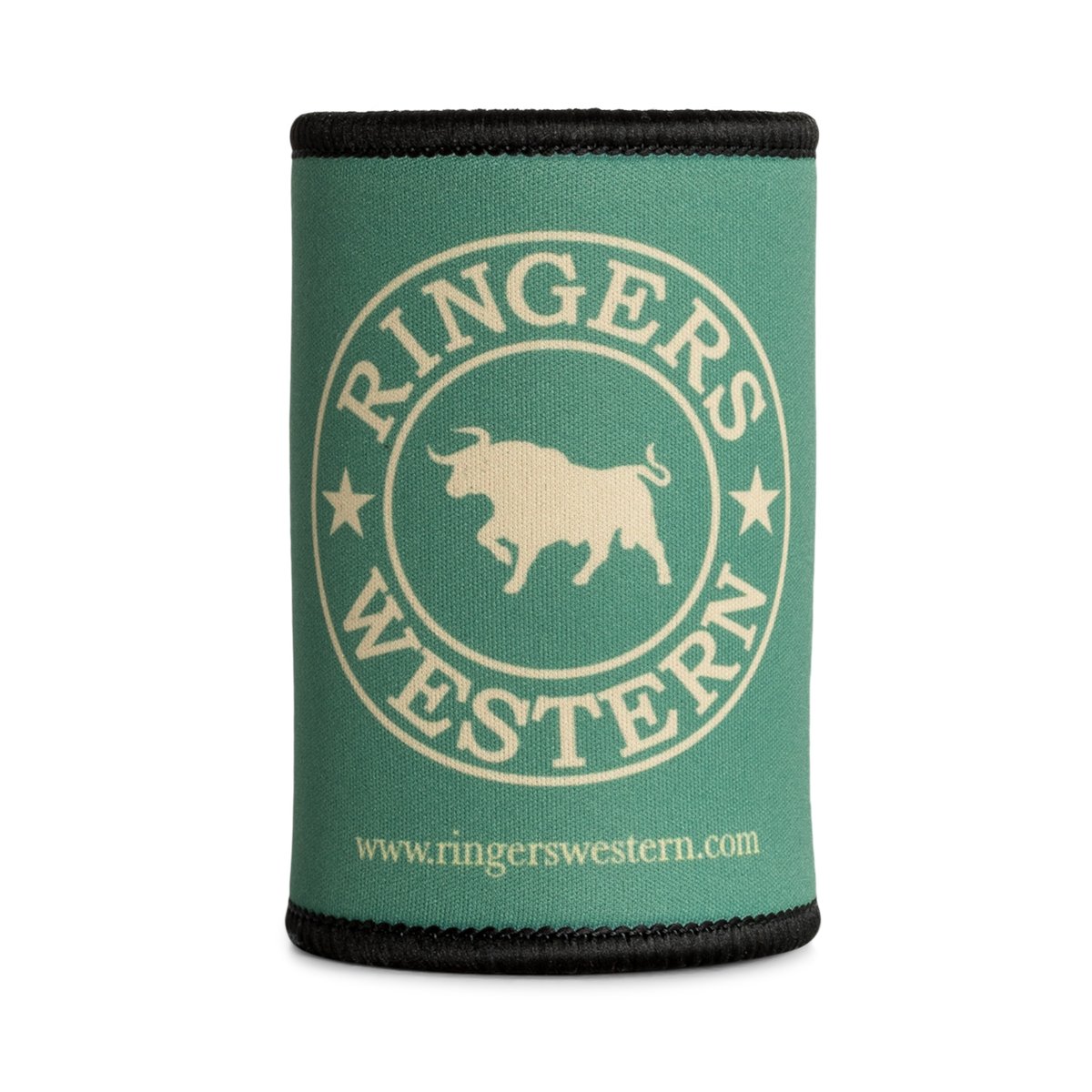 The Ringers Western Signature Bull Stubby is a green can cooler with black trim, showcasing the "Ringers Western" logo in a circular design. The logo features a bull silhouette in the center, flanked by stars, with "www.ringerswestern.com" printed below the circle in smaller text.