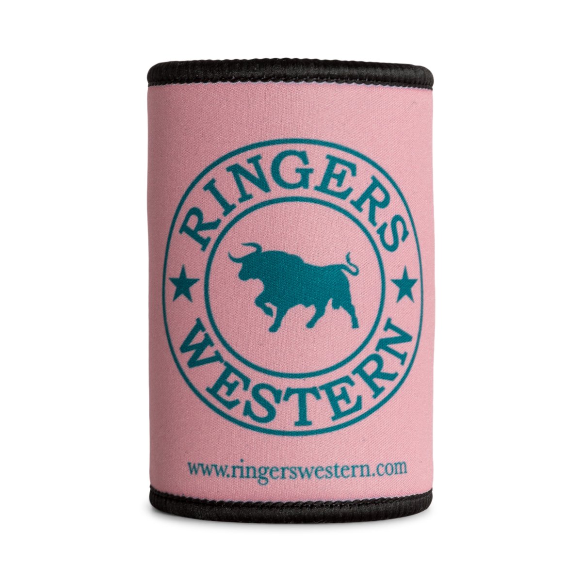 A Ringers Western Signature Bull Stubby Cooler in pink, with black trim, displays the "Ringers Western" logo. The logo features a teal bull at the center, encircled by the text "RINGERS WESTERN" and stars, with the website "www.ringerswestern.com" printed at the bottom.
