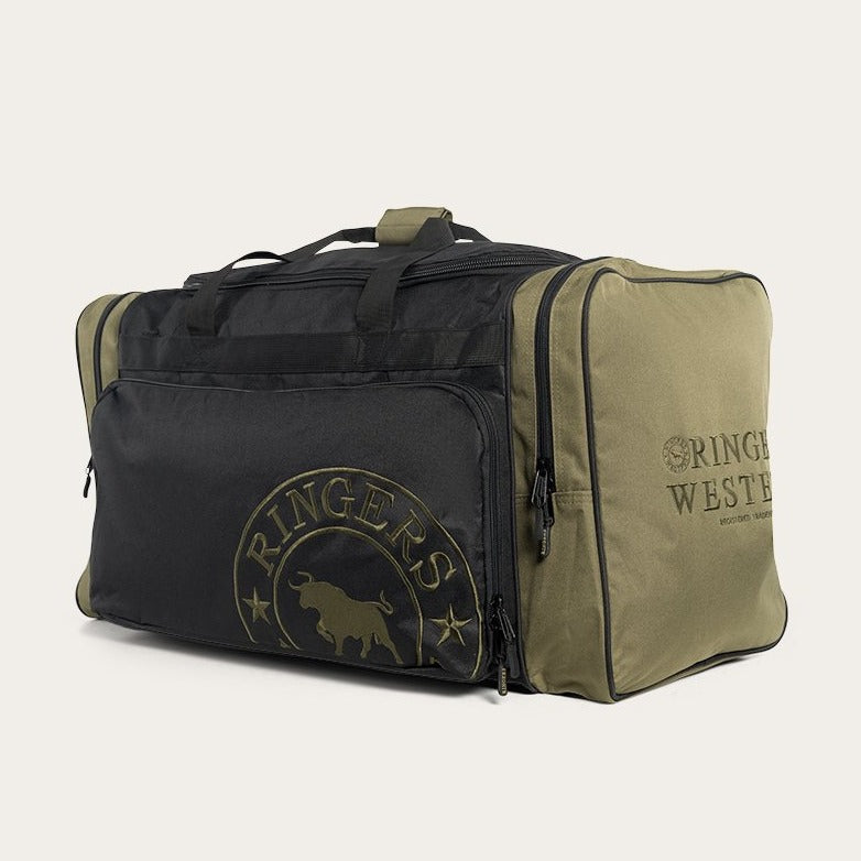 A large Ringers Western Rider Sports Bag in olive green and black, featuring multiple compartments. The front of the sports bag displays the text "Ringers Western" alongside a circular emblem with a bull and stars. It includes both a top handle and shoulder strap for convenient carrying.