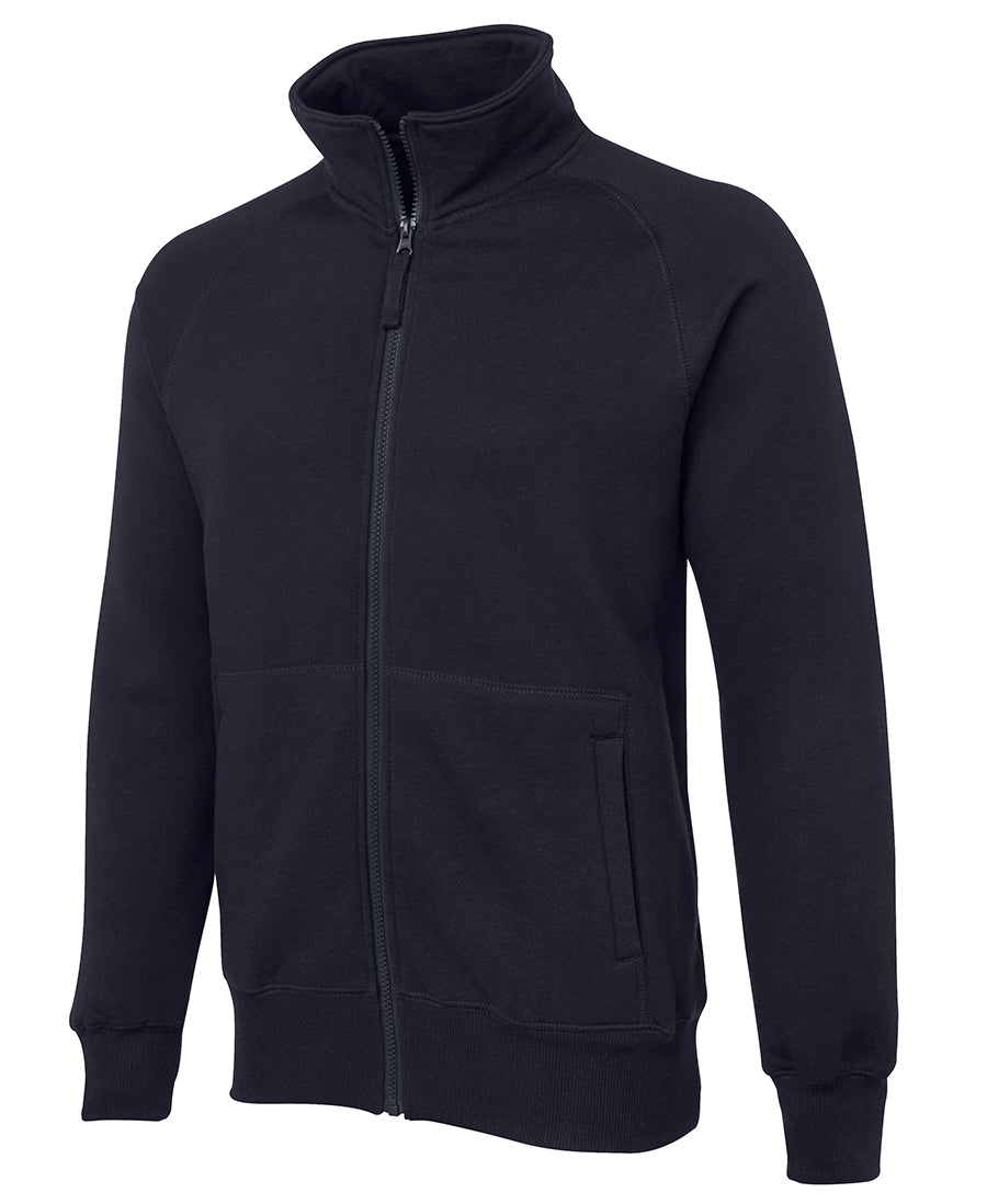 The JBs Full Zip Fleecy is a black jacket with a high collar and long sleeves. This comfortable fleece features two front pockets and ribbed cuffs and hem. The visible zipper extends from the hem to the top of the collar, making it a practical yet stylish choice for casual wear. It is displayed on a plain white background.