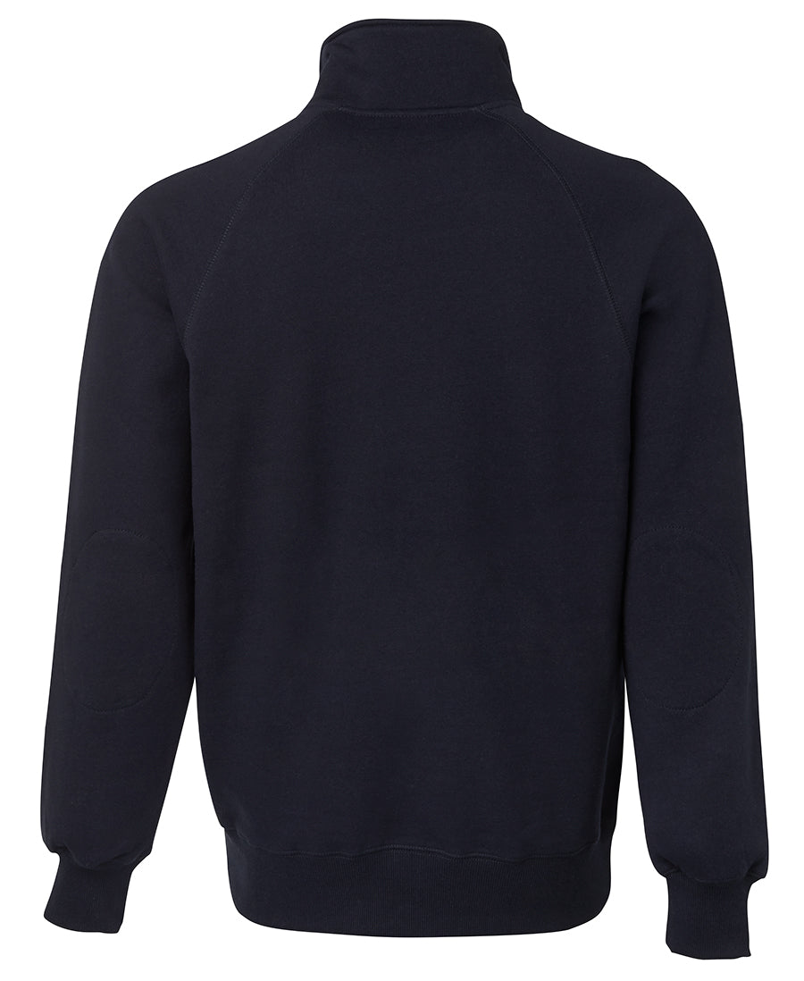 The JBs Full Zip Fleecy is a navy blue fleece jacket characterized by its high collar and long sleeves. The back view showcases simple, solid-colored fabric with two comfortable elbow patches, and the sleeves and hem are finished with ribbed cuffs, making it ideal for a casual look.