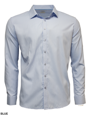 The Seine Soft Touch Dress Shirt, in a sleek blue hue, is laid flat against a white background. Featuring long sleeves and a collared design with a button-up front, this 100% Wood Pulp shirt appears neatly pressed and boasts a contemporary fit, making it ideal for formal or business occasions.