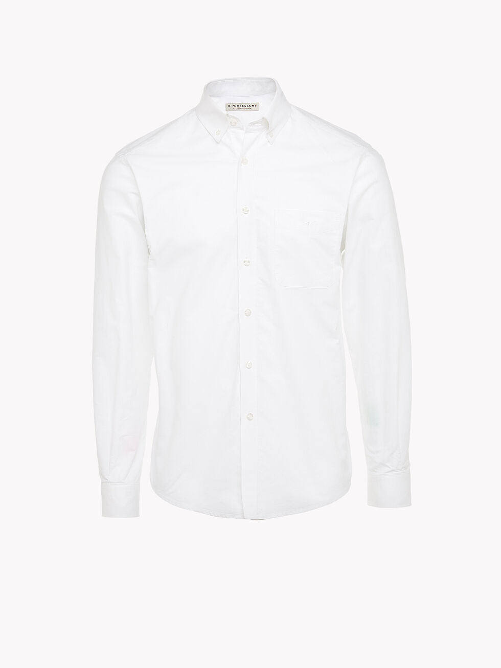 The RM Williams Collins Shirt is a long-sleeved, 100% cotton shirt with a button-down front, collar, and chest pocket, all in crisp white.