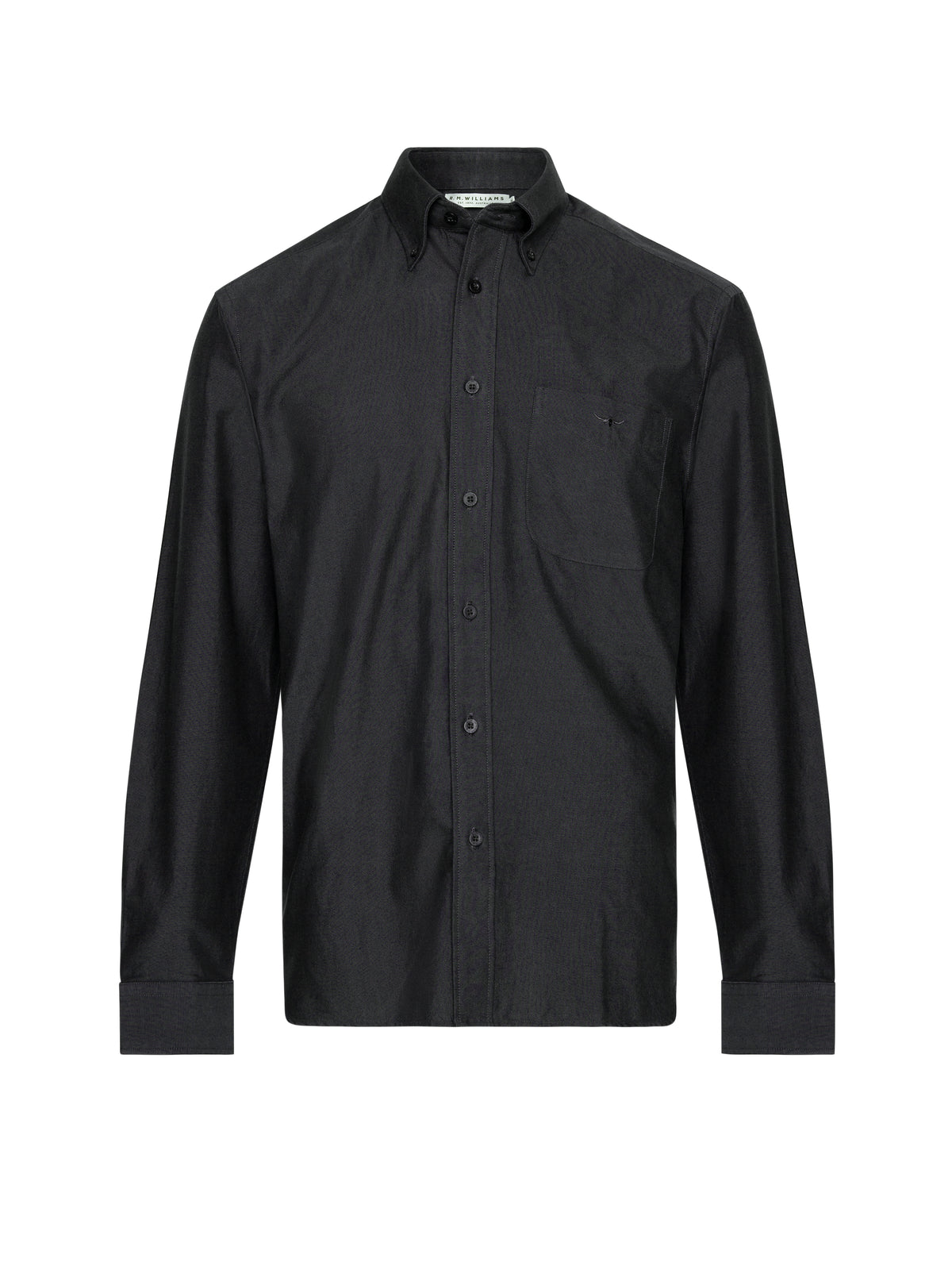 The RM Williams Collins Shirt in black features long sleeves, a classic collar, buttoned cuffs, a chest pocket, and a button-up front. Made from a quality wool blend and shown on a white background.