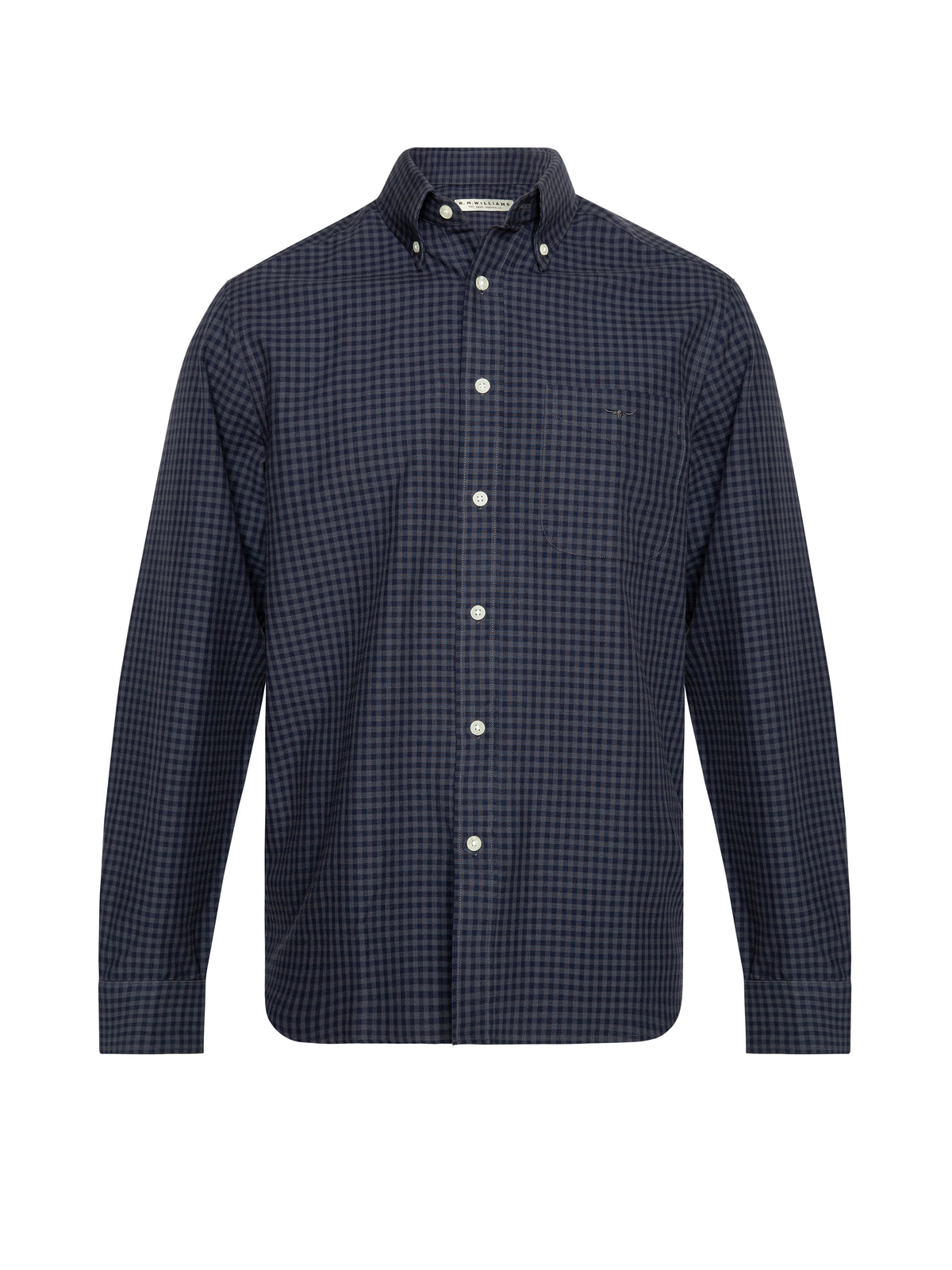 The RM Williams Collins Shirt is a long-sleeved, 100% cotton button-up with a navy and black small check pattern, button-down collar, and white buttons, shown against a plain white background.