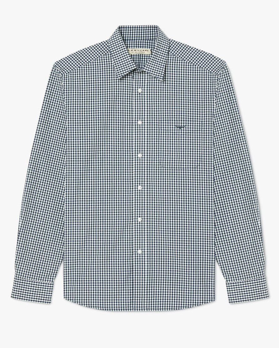 The RM Williams Collins Shirt is a 100% cotton, long sleeve shirt with a black and white mini check pattern, high point collar, and left chest pocket.