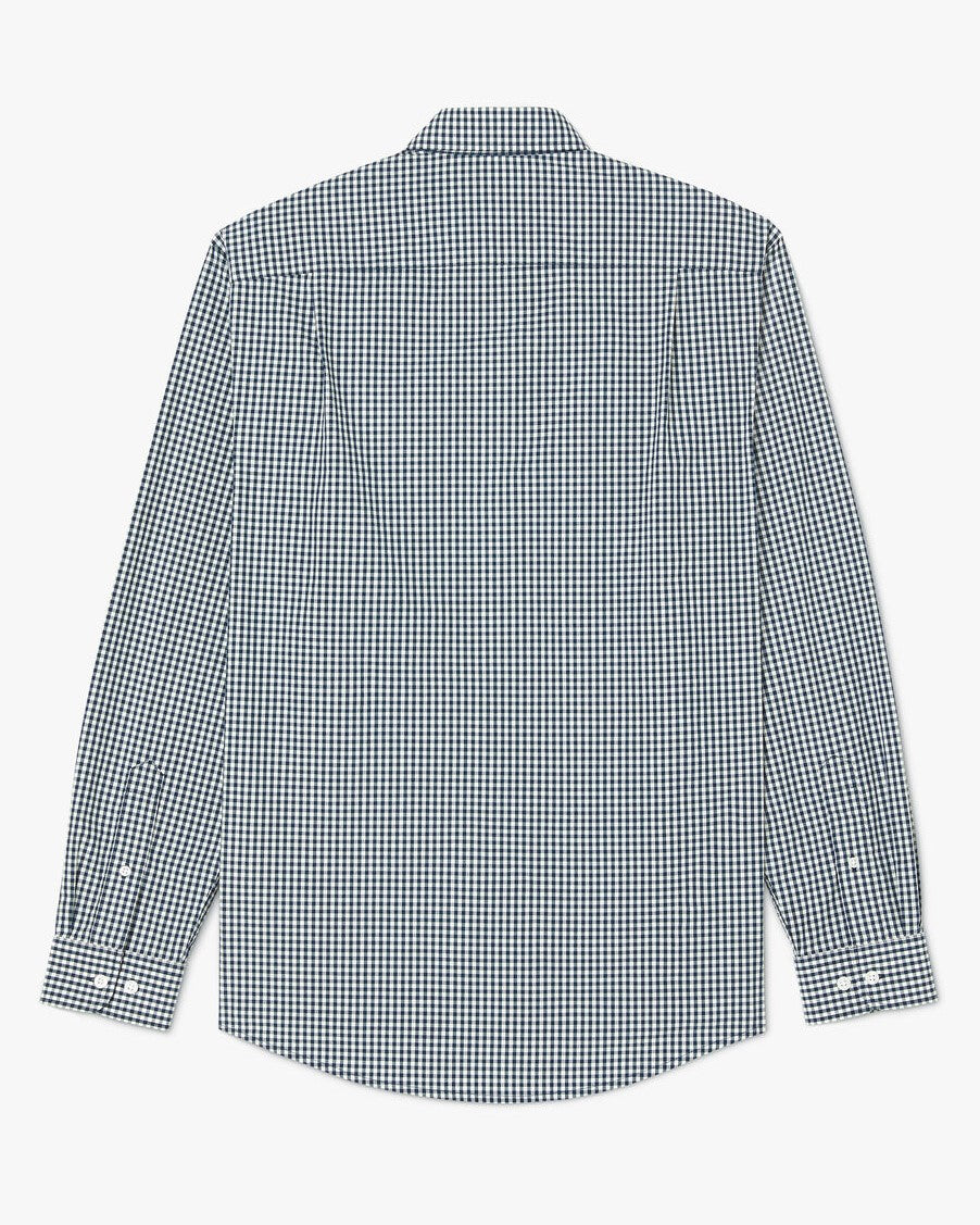 Back view of the RM Williams Collins Shirt, a 100% cotton long-sleeve with high point collar and button cuffs, featuring a small navy and white check pattern. Shirt is laid flat to display collar, cuffs, and yoke seams.