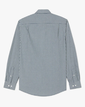 Back view of the RM Williams Collins Shirt, a 100% cotton long-sleeve with high point collar and button cuffs, featuring a small navy and white check pattern. Shirt is laid flat to display collar, cuffs, and yoke seams.
