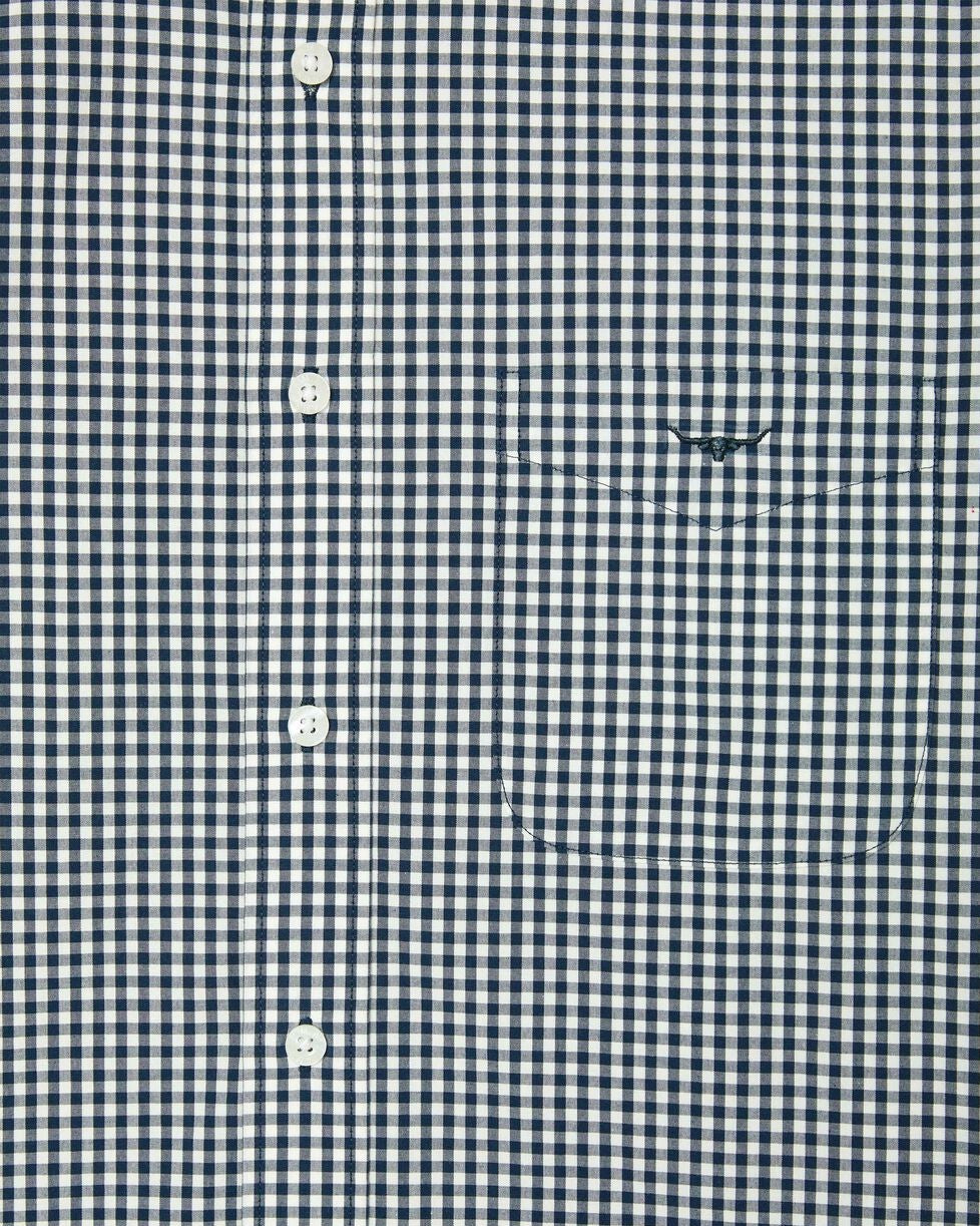 Close-up of the RM Williams Collins Shirt in blue and white gingham, featuring a high point collar, right front pocket, white buttons, long sleeves, and made from soft 100% cotton.