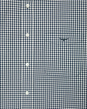 Close-up of the RM Williams Collins Shirt in blue and white gingham, featuring a high point collar, right front pocket, white buttons, long sleeves, and made from soft 100% cotton.