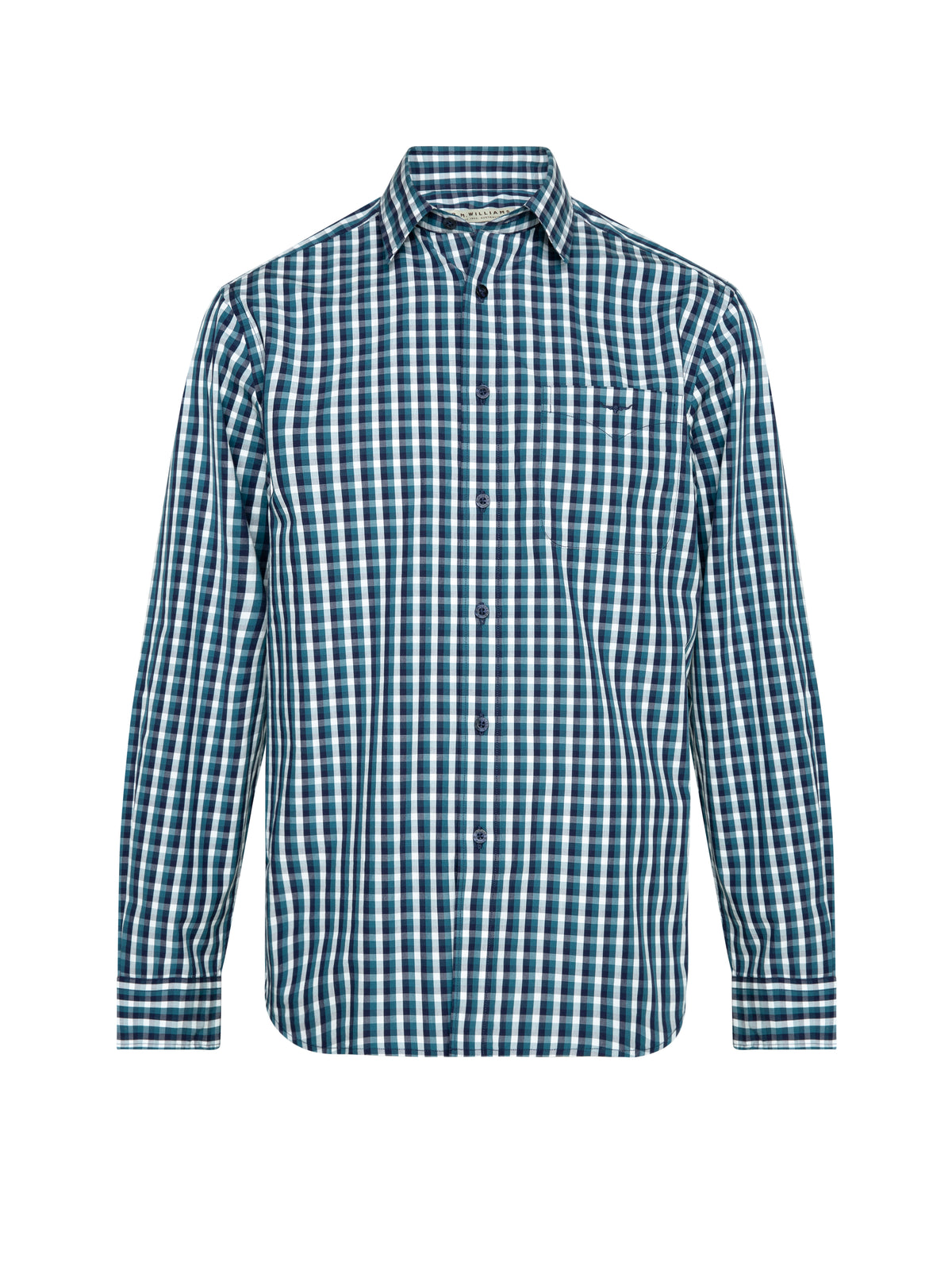 The RM Williams Collins Shirt is a long-sleeved, button-up shirt made from 100% cotton with a blue, green, and white plaid check pattern, shown against a plain white background.