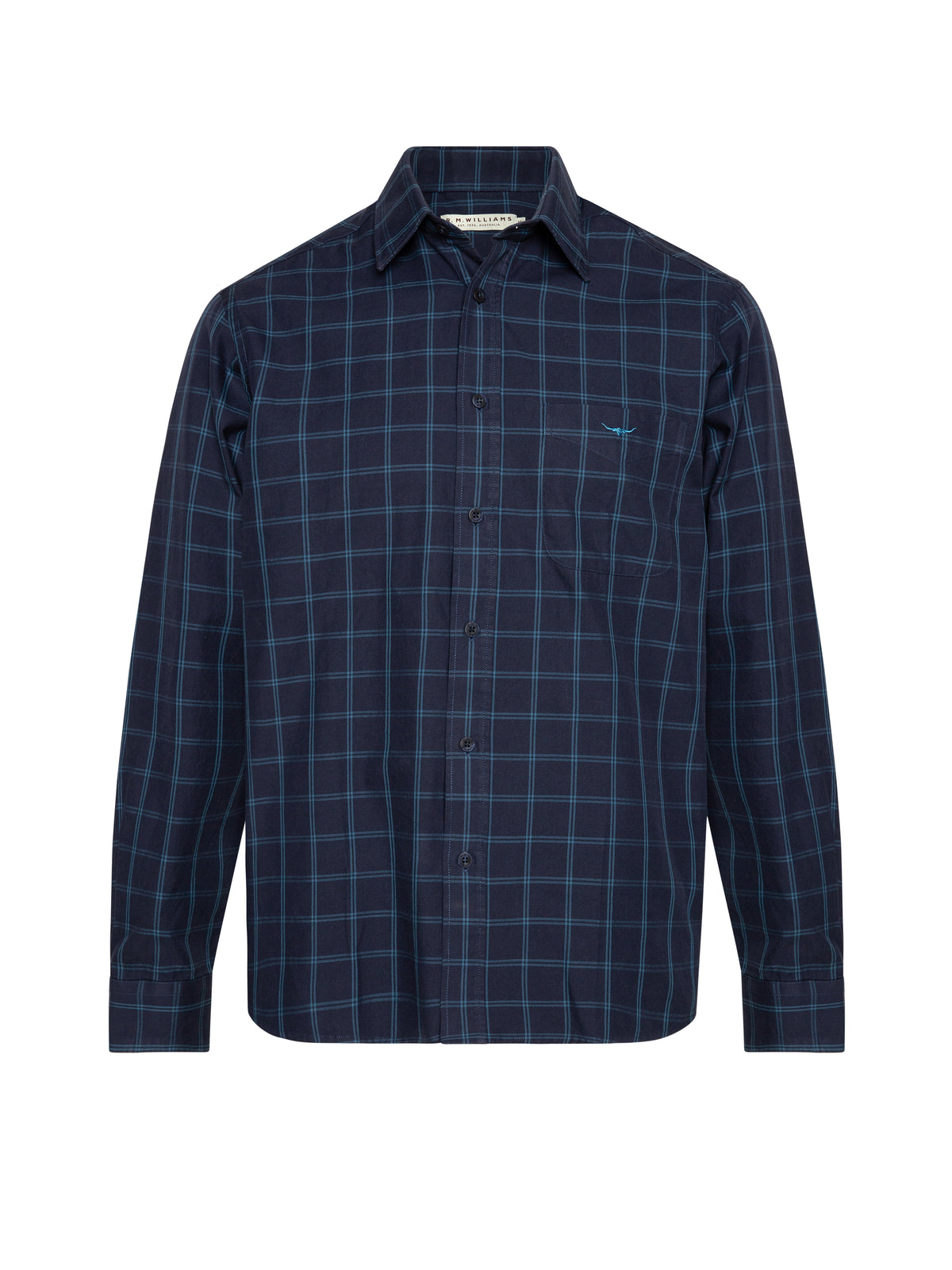 The RM Williams Collins Shirt is a long-sleeved, button-up shirt in a blue and black check pattern with a collar, left chest pocket, and made from 100% cotton for comfort and durability.