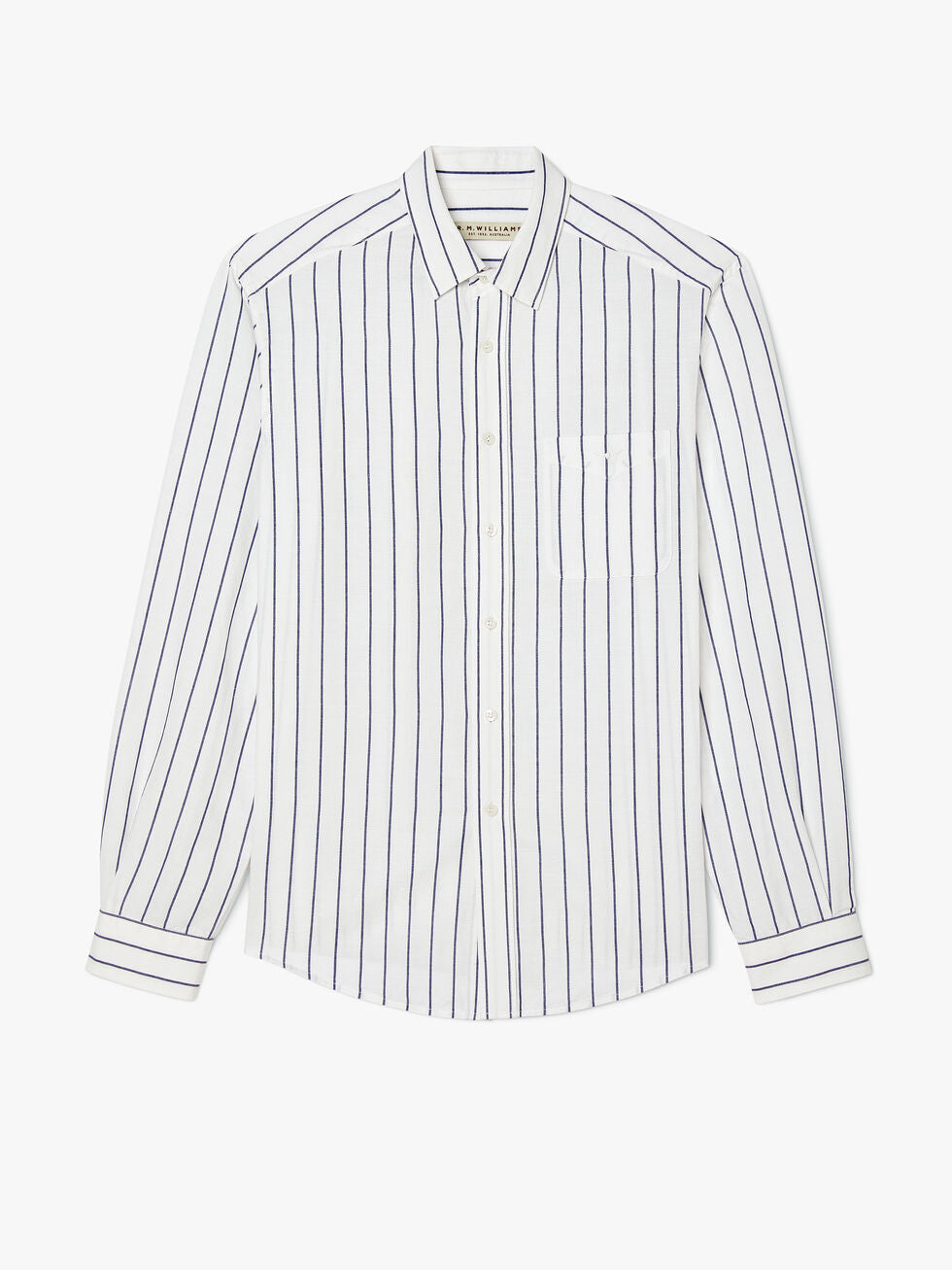 The RM Williams Collins Shirt is a stylish and comfortable white long-sleeve with vertical navy stripes, a pointed collar, single chest pocket, and buttoned cuffs.