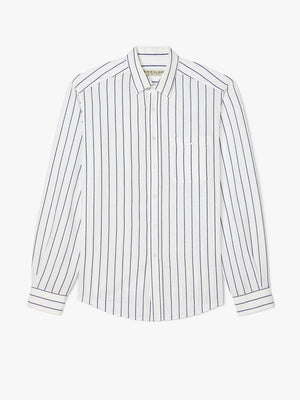 The RM Williams Collins Shirt is a stylish and comfortable white long-sleeve with vertical navy stripes, a pointed collar, single chest pocket, and buttoned cuffs.