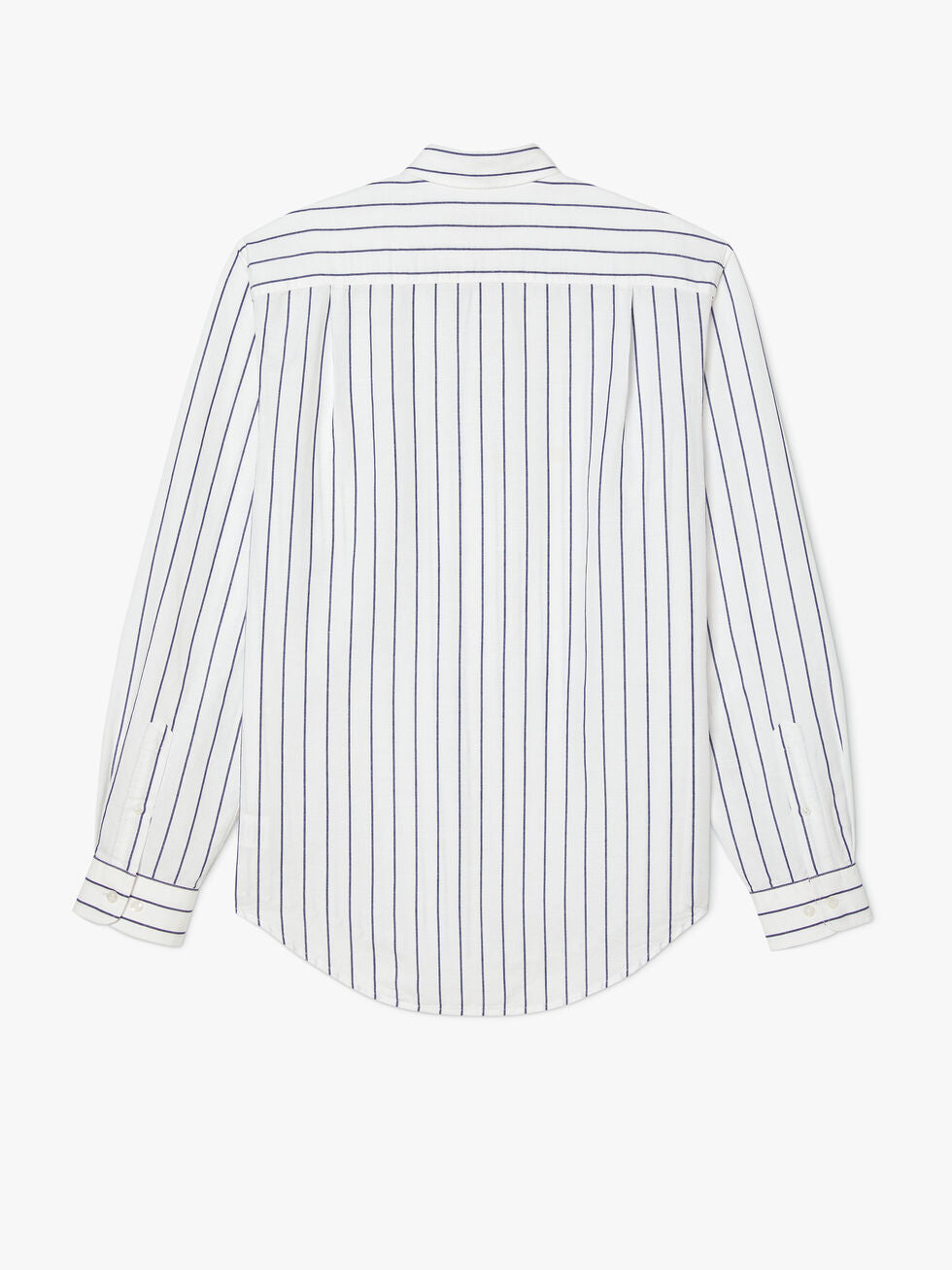 The RM Williams Collins Shirt is a white shirt with vertical navy blue stripes, featuring a shoulder yoke and buttoned cuffs—combining style and comfort for any occasion.