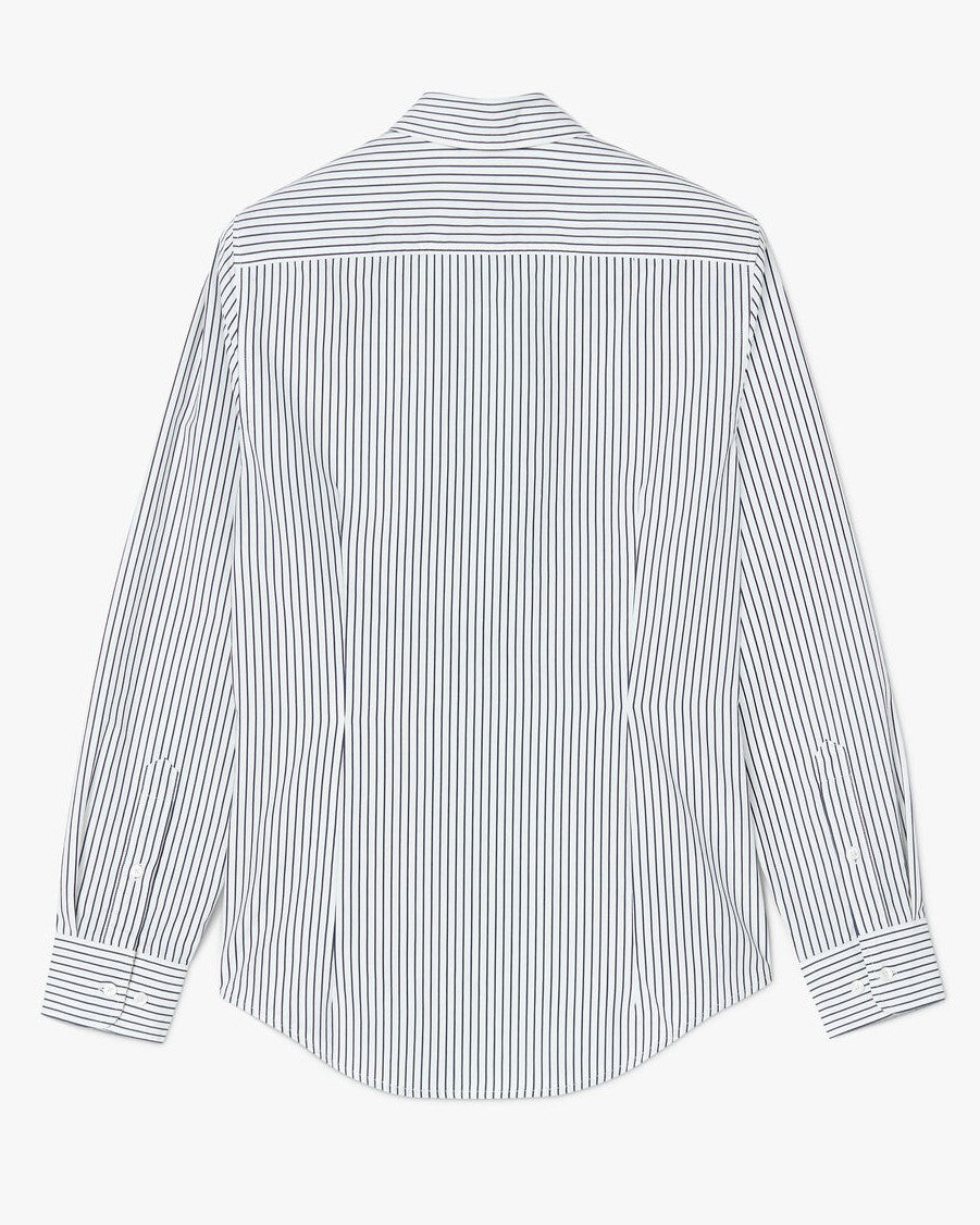 Back view of the RM Williams Nicole Shirt, a long sleeve style with thin vertical black and white stripes. Made from 100% cotton, it features a shoulder yoke and buttoned cuffs for a classic look.