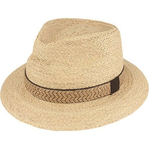 The Dot & Co Raffia Fedora is a beige straw fedora hat that features a brown braided raffia band around the base of the crown, offering UPF 50+ sun protection.