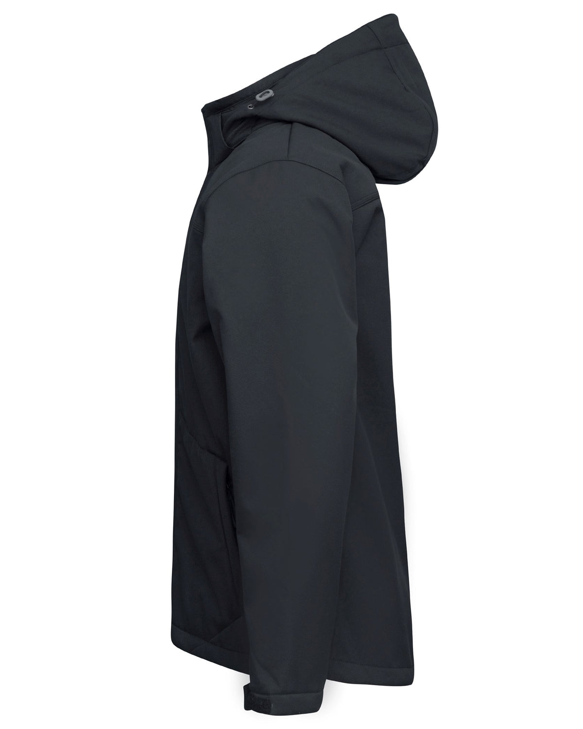 Side view of the Rainbird Jones Softshell Sherpa Lined Jacket in black, featuring a hood up, long sleeves with Velcro cuffs, and a front zipper. This sleek UPF 50+ jacket offers style and weather resistance for optimal protection.
