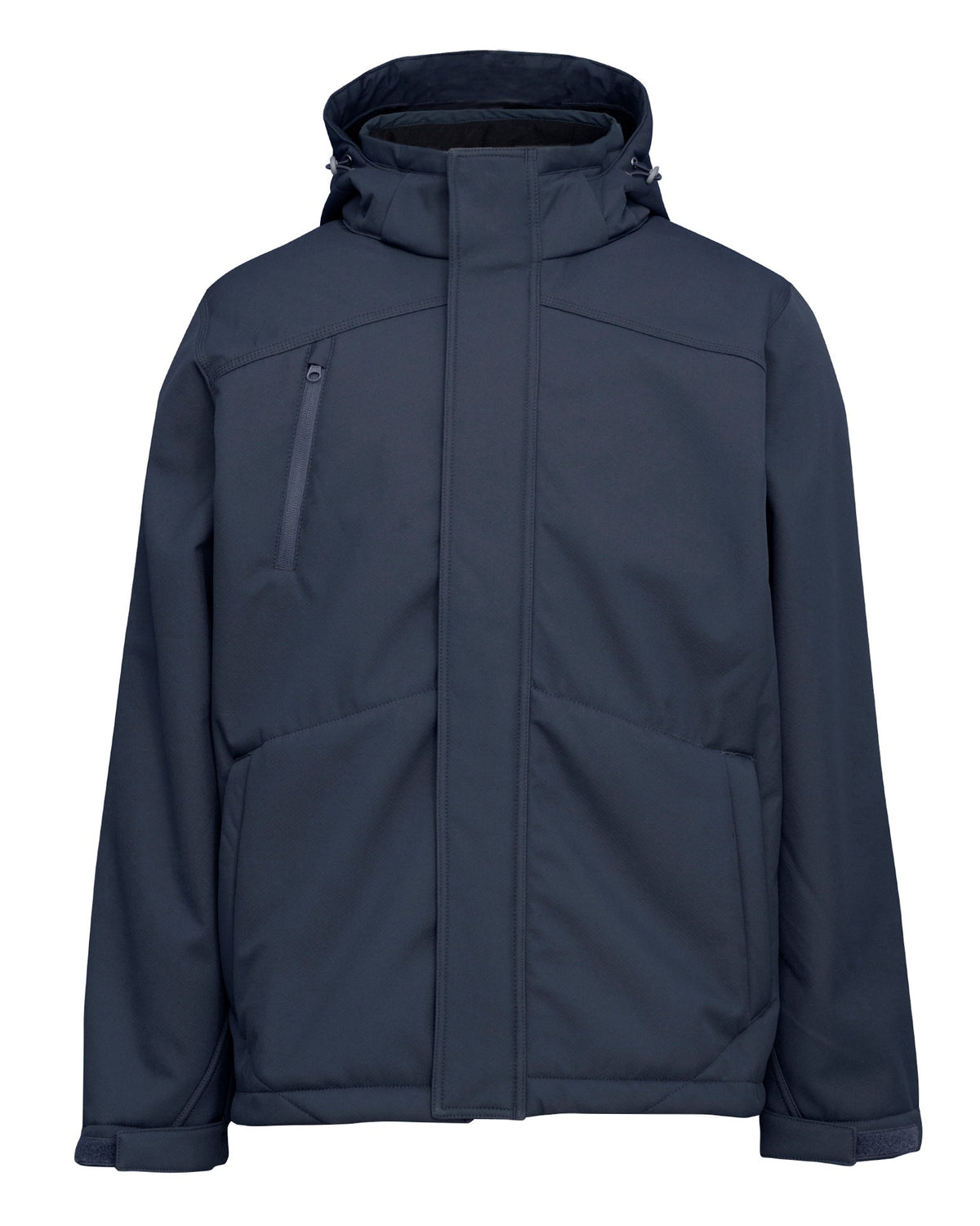 The Rainbird Jones Softshell Sherpa Lined Jacket is a dark blue waterproof winter jacket with a front zipper and flap. It includes two side pockets, a zippered chest pocket, long sleeves, and a high collar for extra warmth.