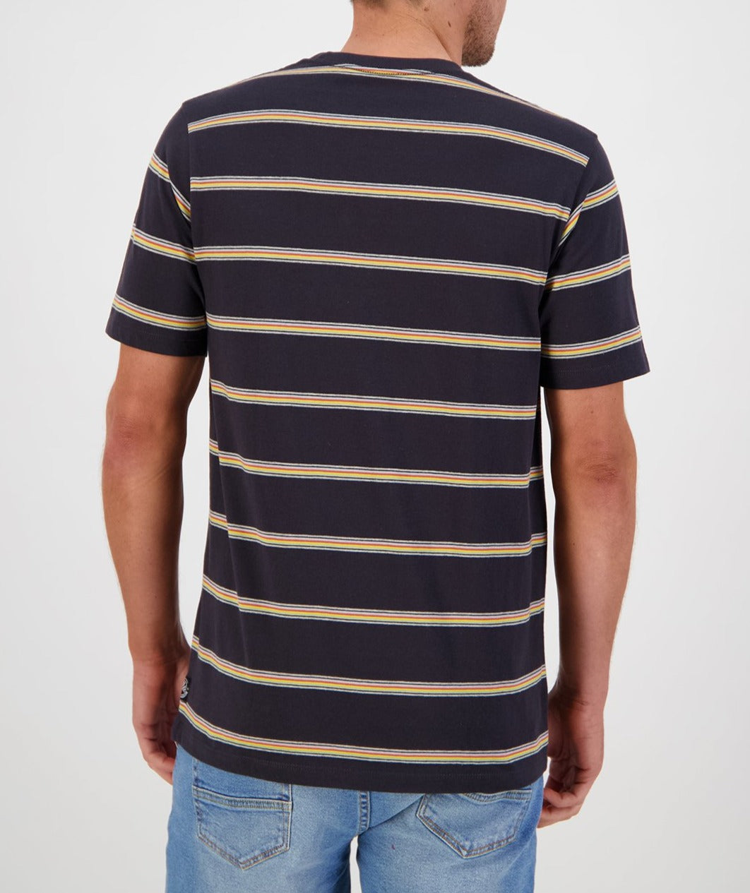 A person stands with their back to the camera, wearing the Swanndri Dome Valley Stripe Tee featuring colorful horizontal stripes and light blue jeans. The comfortable casual tee is black, made of 100% cotton, and proudly displays the Swanndri logo against a plain light gray background.