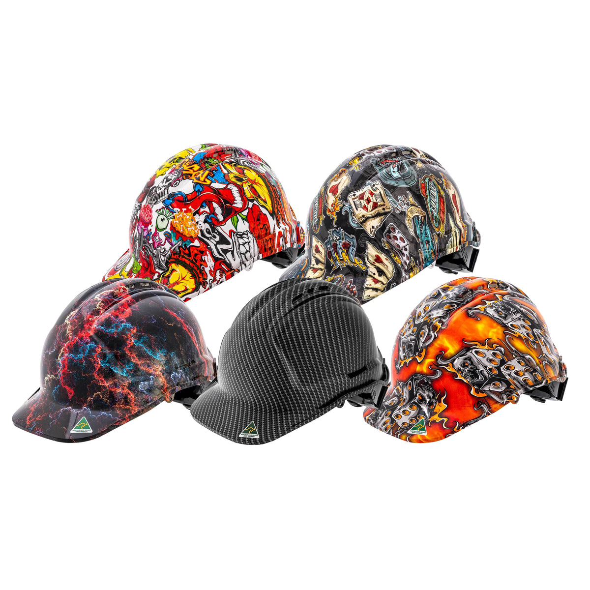 Five SSA Custom Hydro Dip Vented Hard Hats are displayed with vibrant designs. The helmets feature intricate patterns such as abstract art, flames, and carbon fiber textures, all showcasing unique, eye-catching colors and graphics. These Australian-made hard hats are AS/NZS 1801:1997 certified.