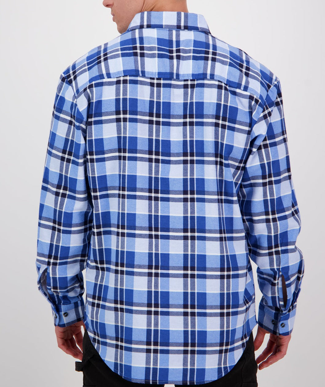 A person with short hair is seen from behind wearing a long-sleeve, blue and white plaid shirt crafted from brushed cotton. The shirt, from the Swanndri Egmont Flannelette Twin Pack collection, features buttoned cuffs and a collar. The background is plain white.