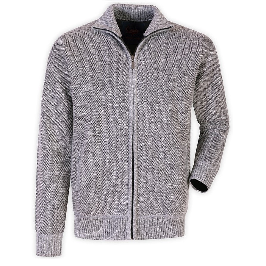 The Sugar Full Zip Sherpa Lined Cardigan is a light gray, long-sleeve sweater with a subtle textured pattern, ribbed cuffs, collar, and hem, shown on a plain white background.
