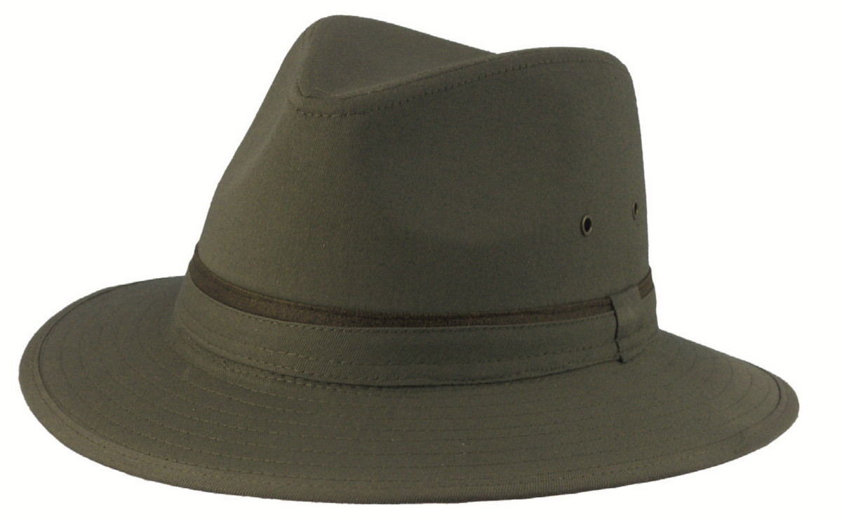 Introducing the Dot & Co Cotton Safari: a khaki-colored cotton hat with a wide brim and a dark brown band around the base. This comfortable hat features two ventilation grommets on the side and is designed for sun protection, making it perfect for casual outings.