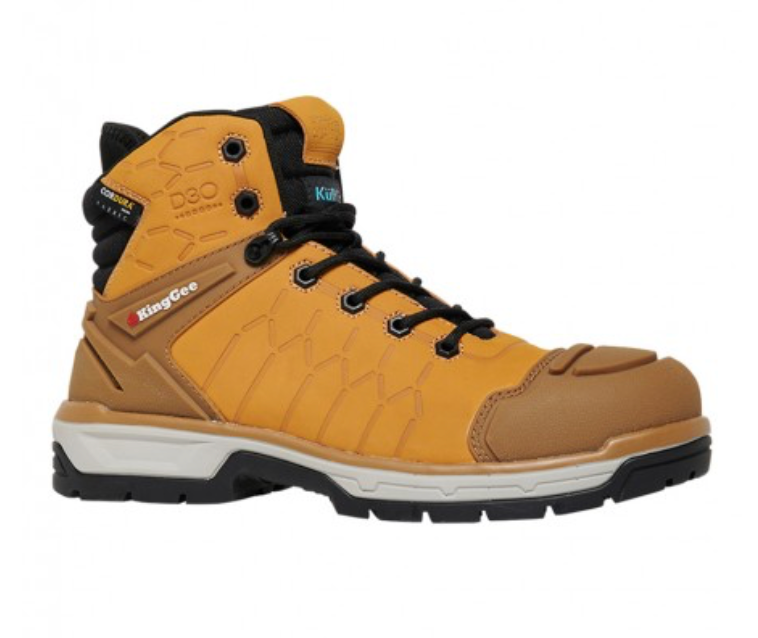 The King Gee Quantum Safety Boot is a single yellow and black work boot featuring sturdy laces and a thick, rugged sole. It showcases branding with "KingGee" and "D30" on the side. The design includes reinforced toe protection, high ankle support, and shock-absorbing impact technology for maximum comfort on tough jobsites.