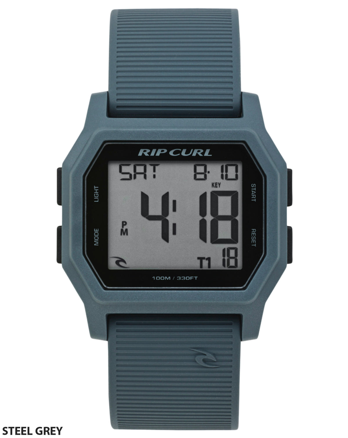 The Rip Curl Atom Digital Watch in steel grey is waterproof, shows the time as 4:18 and date Saturday 4/18, and has labeled mode, light, start, and reset buttons on a ribbed silicone strap.