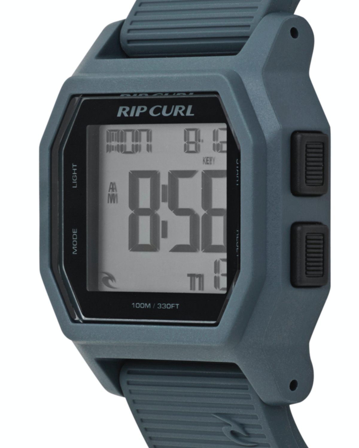The Rip Curl Atom Digital Watch in gray shows 8:58 AM on its rectangular screen, has side buttons for mode and light, and is water resistant up to 100 meters (330 feet).