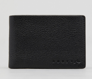 The Rusty Busted Leather Wallet features black textured leather, RFID security, and "RUSTY" embossed at the lower right corner, shown against a plain light background.