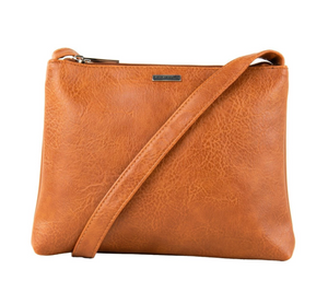 The Rusty Willow Sidebag is a tan leather crossbody with a slim, adjustable strap and a metal nameplate near the top front. Its smooth, rusty-toned finish stands out beautifully against a white background.