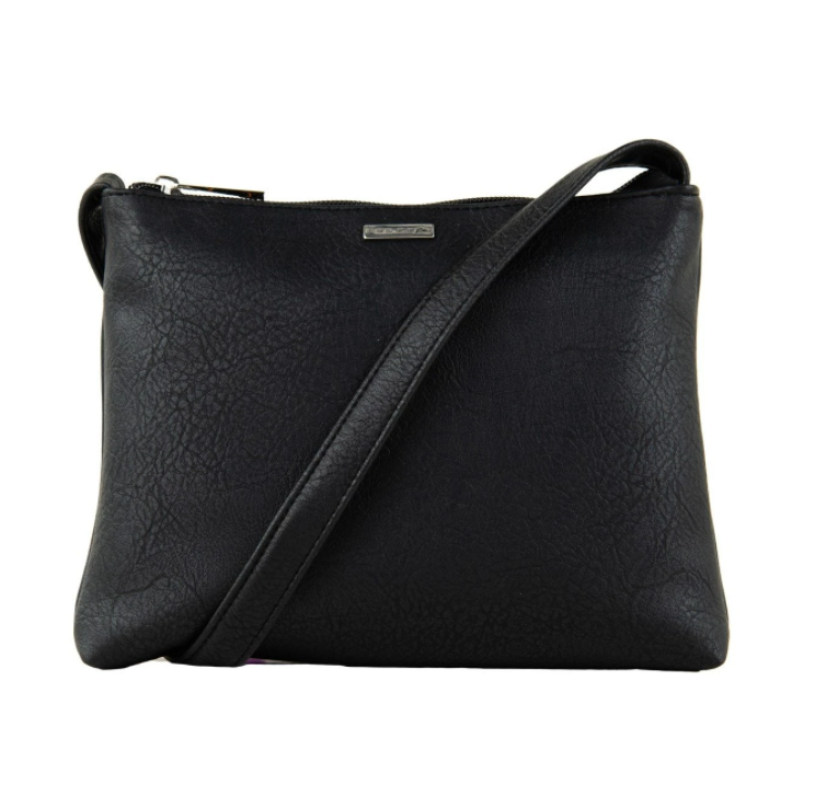 A Rusty Willow Sidebag crossbody in black, featuring a simple design with a zipper closure and long strap, displayed on a plain white background.